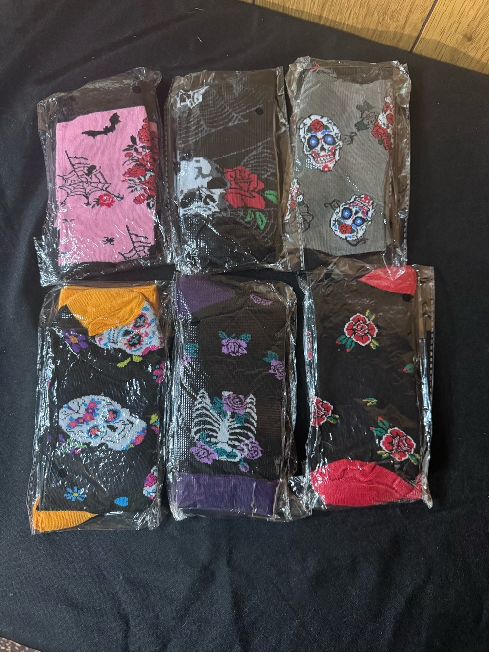 Floral‎ & Skull Crew Socks Pack - Pink, Black, Gray, Purple, Yellow